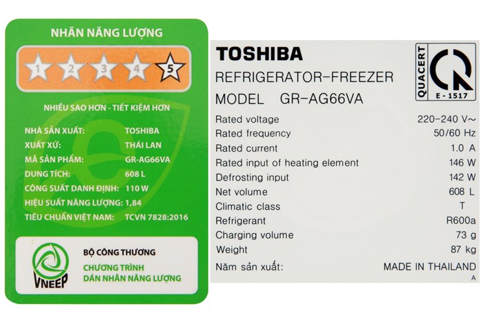 Tủ lạnh Toshiba Inverter 608 lít GR-AG66VA (XK) Màu Đen
