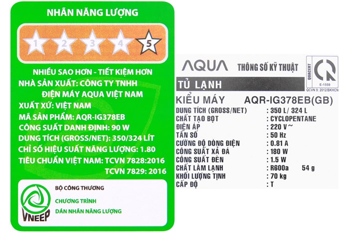 Tủ lạnh Aqua Inverter 324 lít AQR-IG378EB GB Màu Đen
