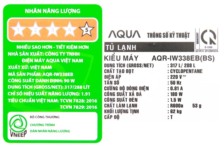 Tủ lạnh Aqua Inverter 288 lít AQR-IW338EB BS Màu Đen