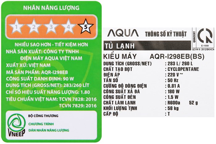 Tủ lạnh Aqua Inverter 260 lít AQR-I298EB BS Màu Đen