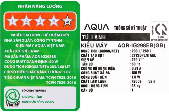 Tủ lạnh Aqua Inverter 260 lít AQR-IG298EB GB Màu Đen