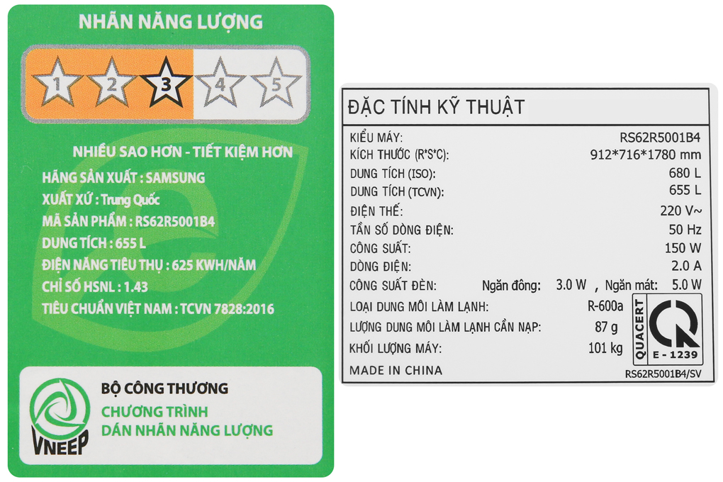 Công suất tiêu thụ công bố theo TCVN ~ 1.71 kW/ngày