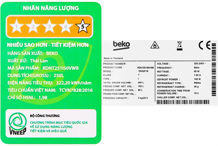 Tủ lạnh Beko Inverter 230 lít RDNT251I50VWB Màu Đen