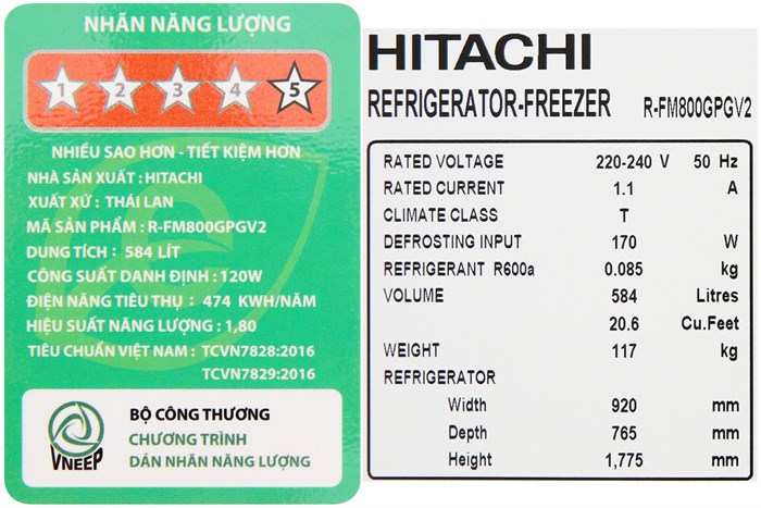 Tủ lạnh Hitachi Inverter 584 lít R-FM800GPGV2 GBK Màu Đen