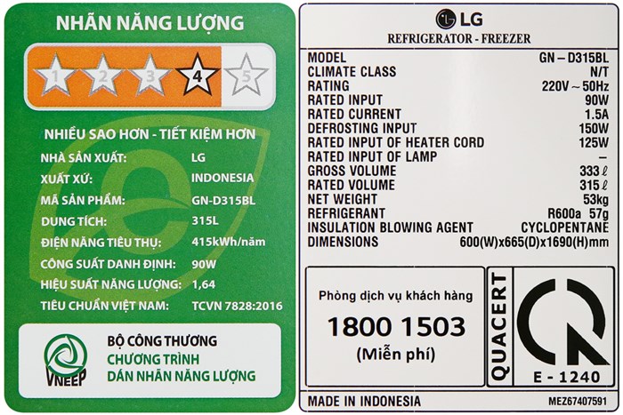 Tủ lạnh LG Inverter 315 lít GN-D315BL Màu Đen