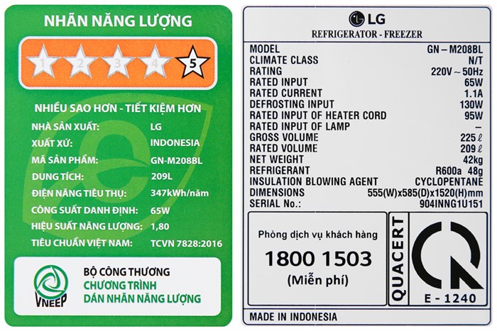 Tủ lạnh LG Inverter 209 lít GN-M208BL Màu Đen