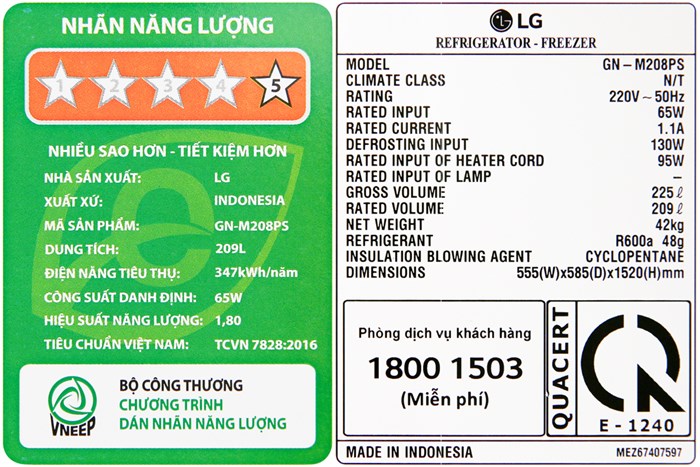 Tủ lạnh LG Inverter 209 lít GN-M208PS Màu Bạc