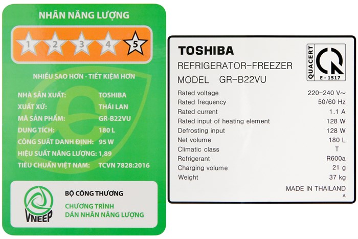 Tủ lạnh Toshiba Inverter 180 lít GR-B22VU UKG Màu Đen