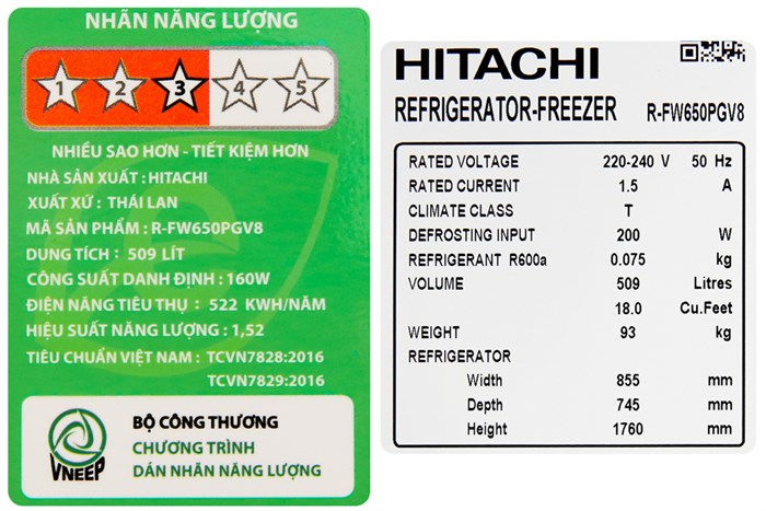 Tủ lạnh Hitachi Inverter 509 lít R-FW650PGV8 GBK Màu Đen