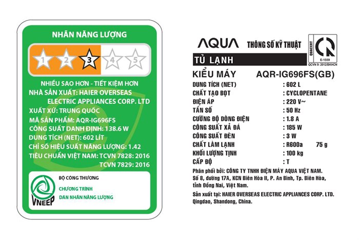 Tủ lạnh Aqua Inverter 602 lít Side By Side AQR-IG696FS GB Màu Đen