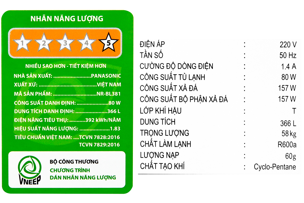 Tủ lạnh Panasonic Inverter 366 lít NR-BL381WKVN Màu Đen