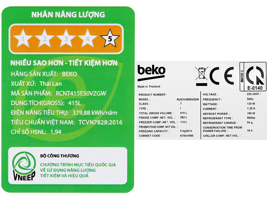 Tủ lạnh Beko Inverter 396 lít RCNT415E50VZGW Màu Trắng