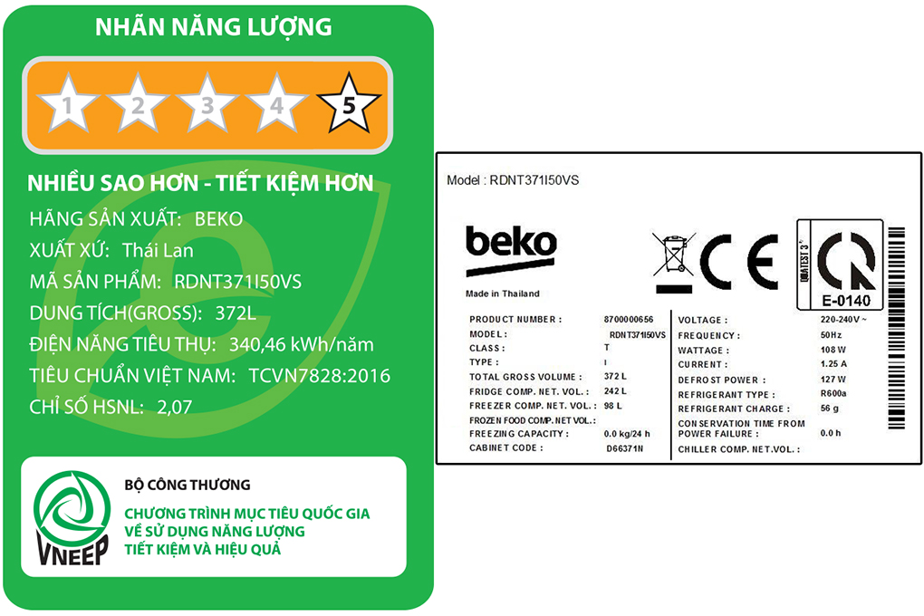 Tủ lạnh Beko Inverter 340 lít RDNT371I50VS Màu Bạc
