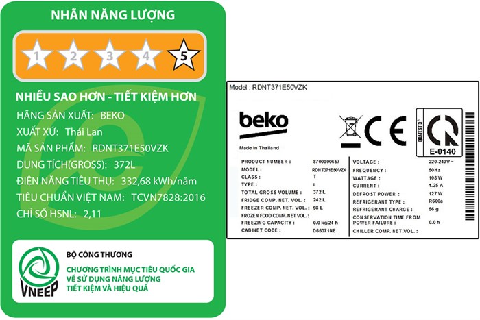Tủ lạnh Beko Inverter 340 lít RDNT371E50VZK Màu Xám đậm