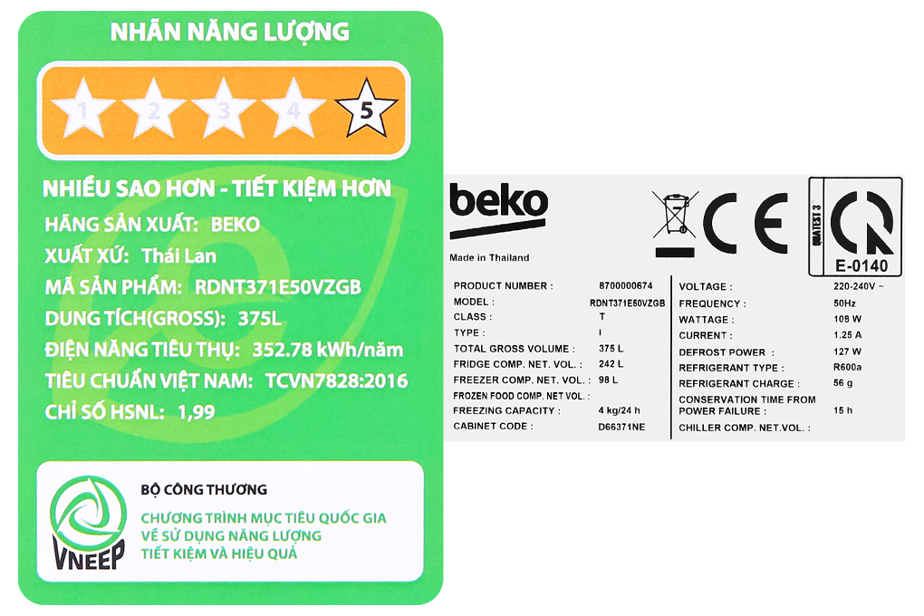 Tủ lạnh Beko Inverter 340 lít RDNT371E50VZGB