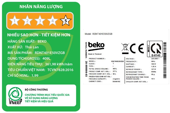 Tủ lạnh Beko Inverter 375 lít RDNT401E50VZGB Màu Đen