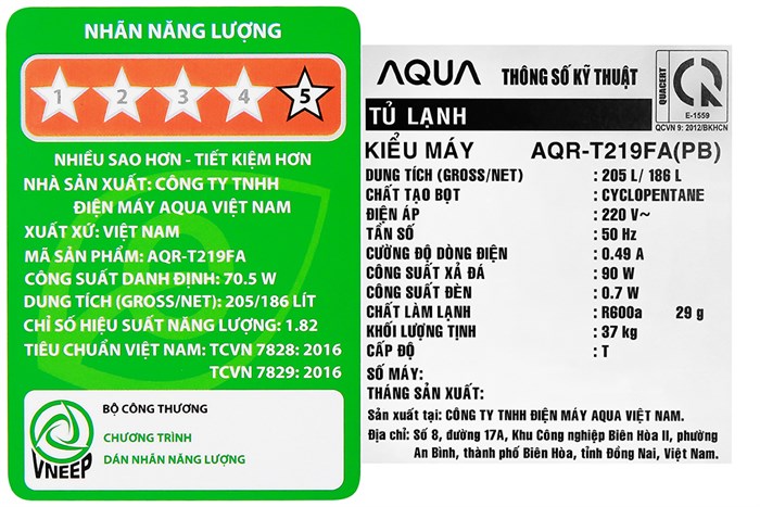 Tủ lạnh Aqua Inverter 186 lít AQR-T219FA(PB)