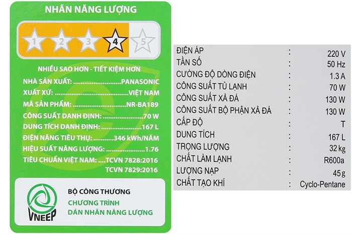 Tủ lạnh Panasonic Inverter 167 lít NR-BA189PPVN Màu Bạc