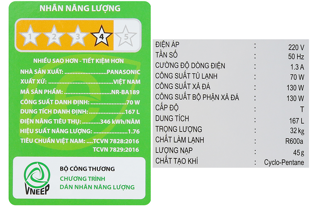Tủ lạnh Panasonic Inverter 167 lít NR-BA189PPVN Màu Bạc