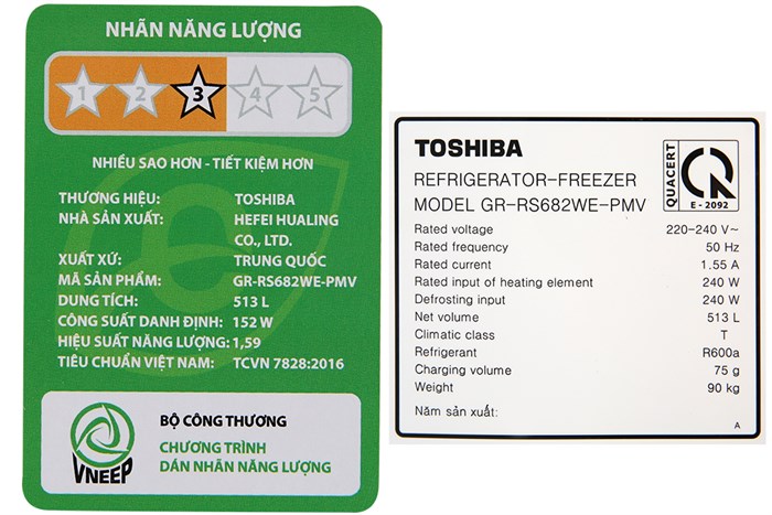 Tủ lạnh Toshiba Inverter 513 lít Side By Side GR-RS682WE-PMV(06)-MG Màu Xám