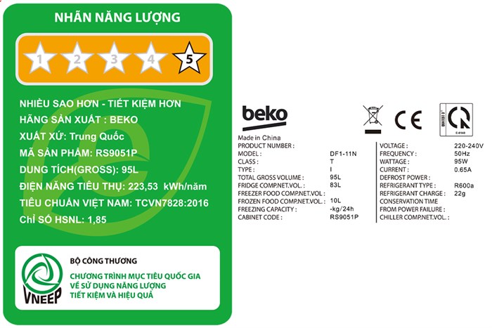 Tủ lạnh Beko 93 lít RS9051P Màu Đen - Xám