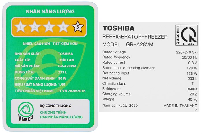 Tủ lạnh Toshiba Inverter 233 lít GR-A28VM(UKG1) Màu Đen