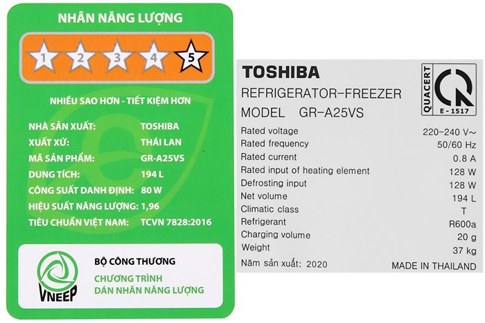 Tủ lạnh Toshiba Inverter 194 lít GR-A25VS(DS1) Màu Bạc
