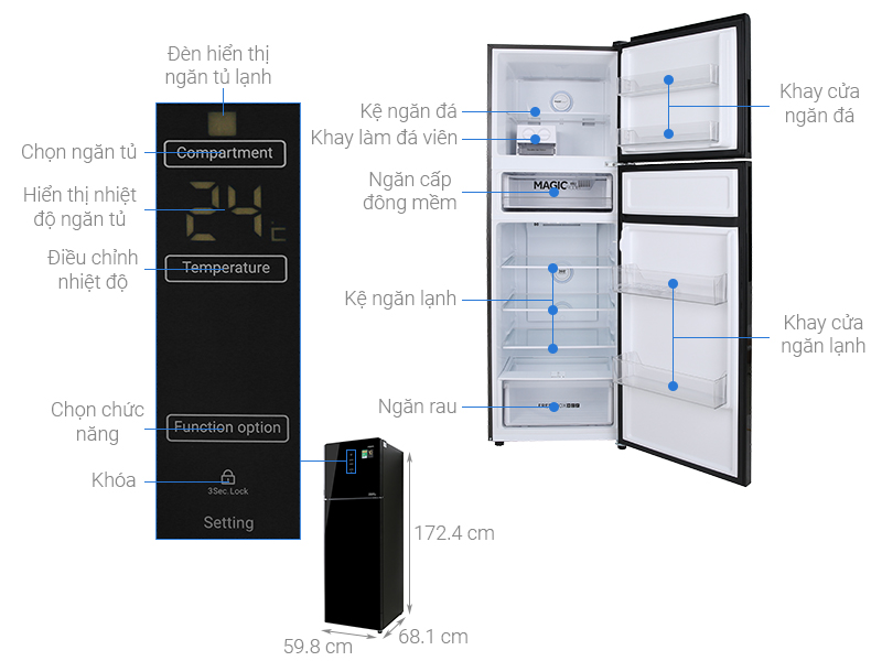 Thông số kỹ thuật Tủ lạnh Aqua Inverter 312 lít AQR-T359MA(GB)