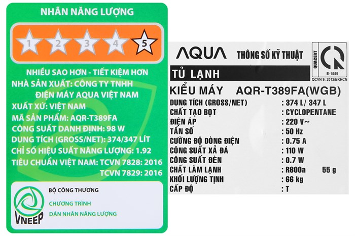 Tủ lạnh Aqua Inverter 347 lít AQR-T389FA(WGB) Màu Đen