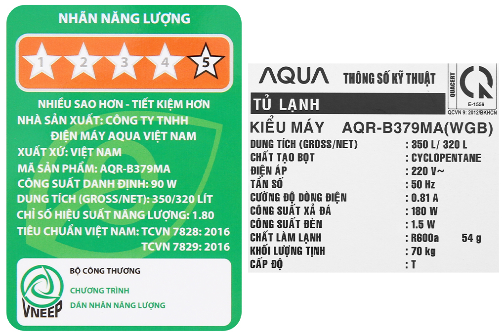 Tủ lạnh Aqua Inverter 324 lít AQR-B379MA(WGB)