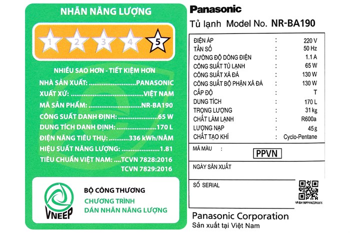Tủ lạnh Panasonic Inverter 170 lít NR-BA190PPVN Màu Xám