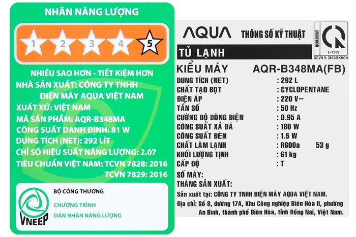 Tủ lạnh Aqua Inverter 292 lít AQR-B348MA(FB) Màu Đen