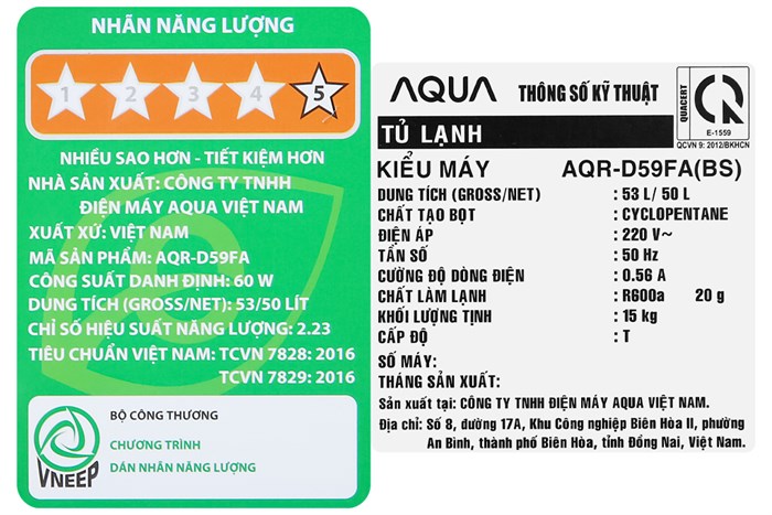 Tủ lạnh Aqua 50 lít AQR-D59FA(BS) Màu Đen