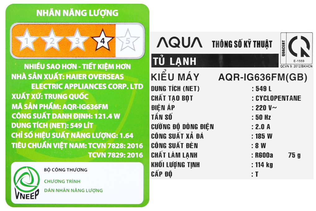 Tủ lạnh Aqua Inverter 549 lít AQR-IG636FM(GB)