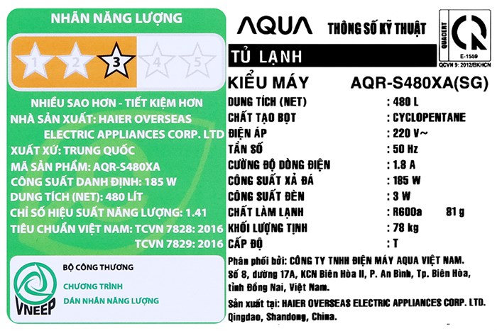 Tủ lạnh Aqua Inverter 480 lít AQR-S480XA(SG) Màu Bạc