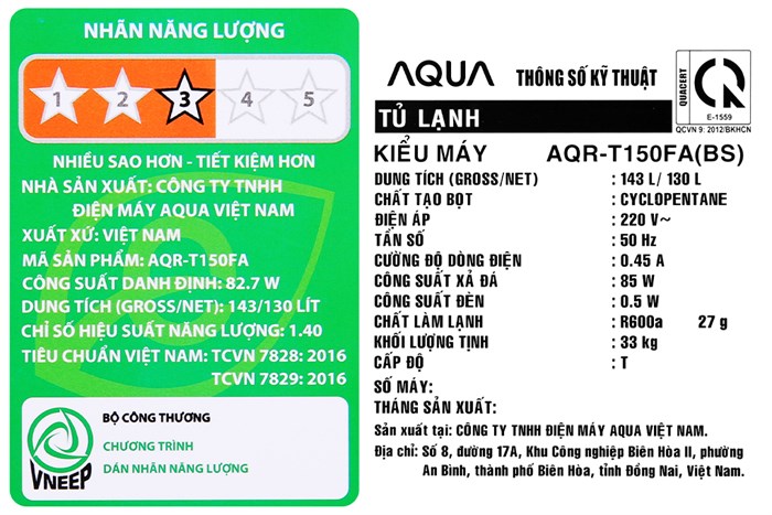 Tủ lạnh Aqua 130 lít AQR-T150FA(BS) Màu Đen