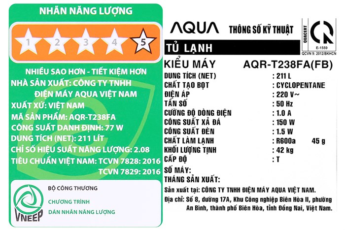 Tủ lạnh Aqua Inverter 211 lít AQR-T238FA(FB) Màu Đen