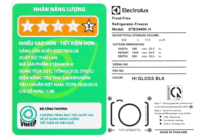 Tủ lạnh Electrolux Inverter 312 lít ETB3440K-H Màu Đen