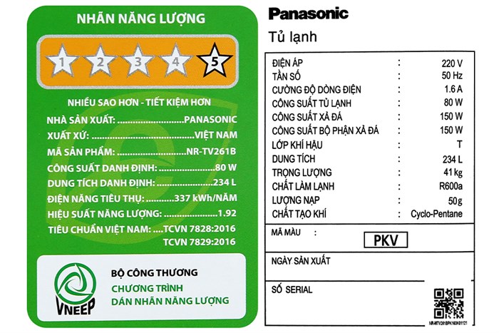 Tủ lạnh Panasonic Inverter 234 lít NR-TV261BPKV Màu Đen