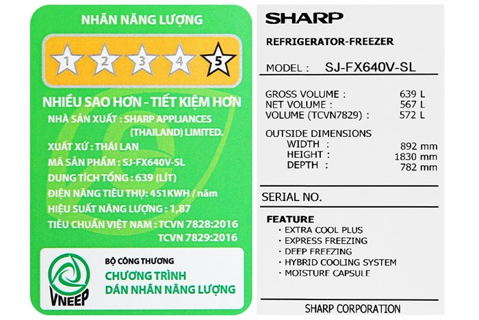 Tủ lạnh Sharp Inverter 572 lít Multi Door SJ-FX640V-SL Màu Bạc