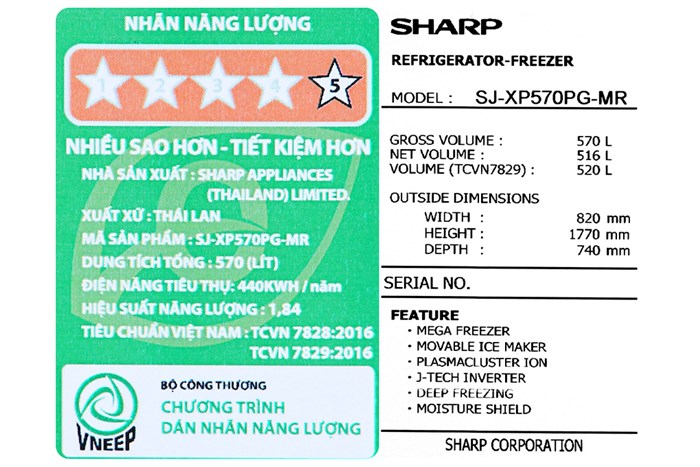 Tủ lạnh Sharp Inverter 520 lít SJ-XP570PG-MR Màu Đen - Đỏ