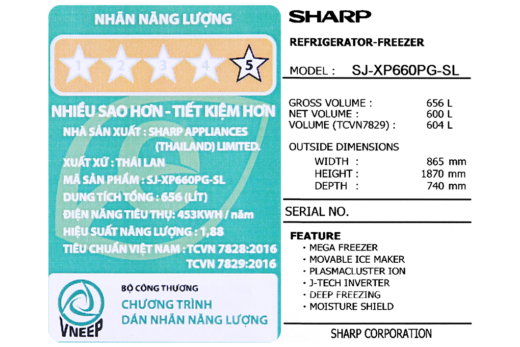 Tủ lạnh Sharp Inverter 604 lít SJ-XP660PG-SL Màu Bạc