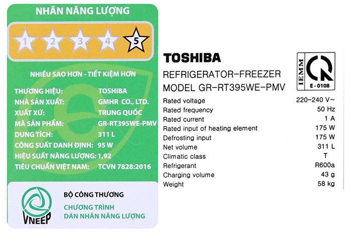Tủ lạnh Toshiba Inverter 311 lít GR-RT395WE-PMV(06)-MG Màu Đen - Xám