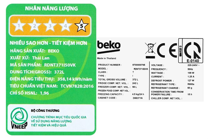 Tủ lạnh Beko Inverter 340 lít RDNT371I50VK Màu Đen - Xám