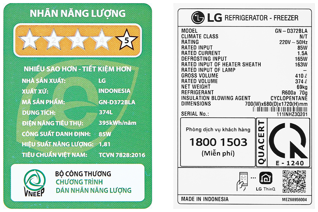 Tủ lạnh LG Inverter 374 lít GN-D372BLA Màu Đen