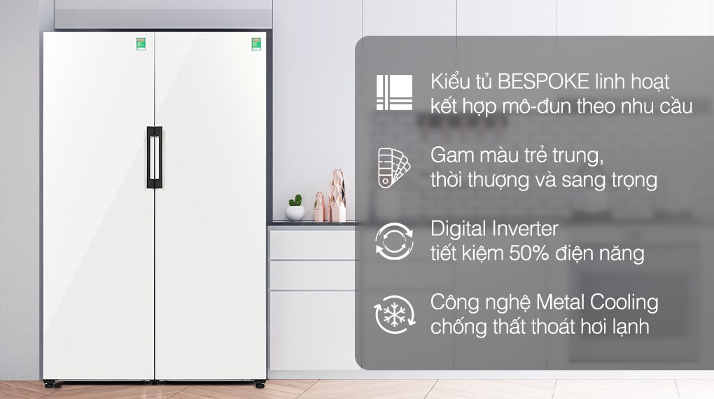 Combo 2 Tủ lạnh Samsung Inverter 646 lít Side By Side Bespoke RZ32T744535/SV