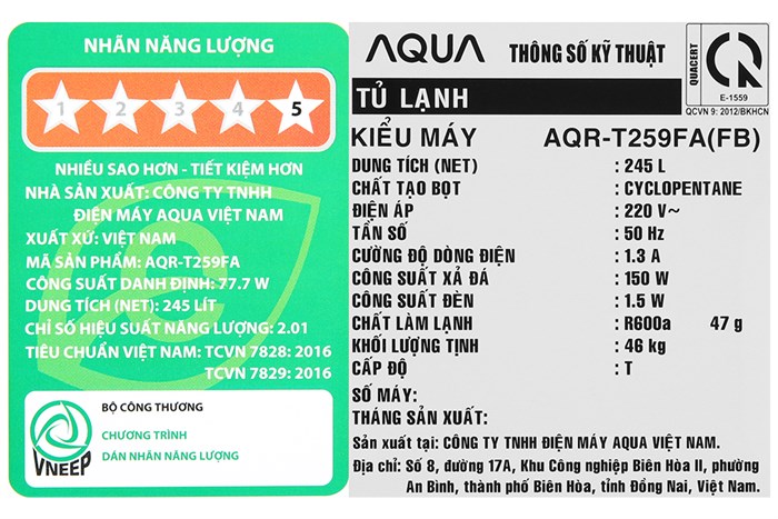 Tủ lạnh Aqua Inverter 245 lít AQR-T259FA(FB) Màu Đen