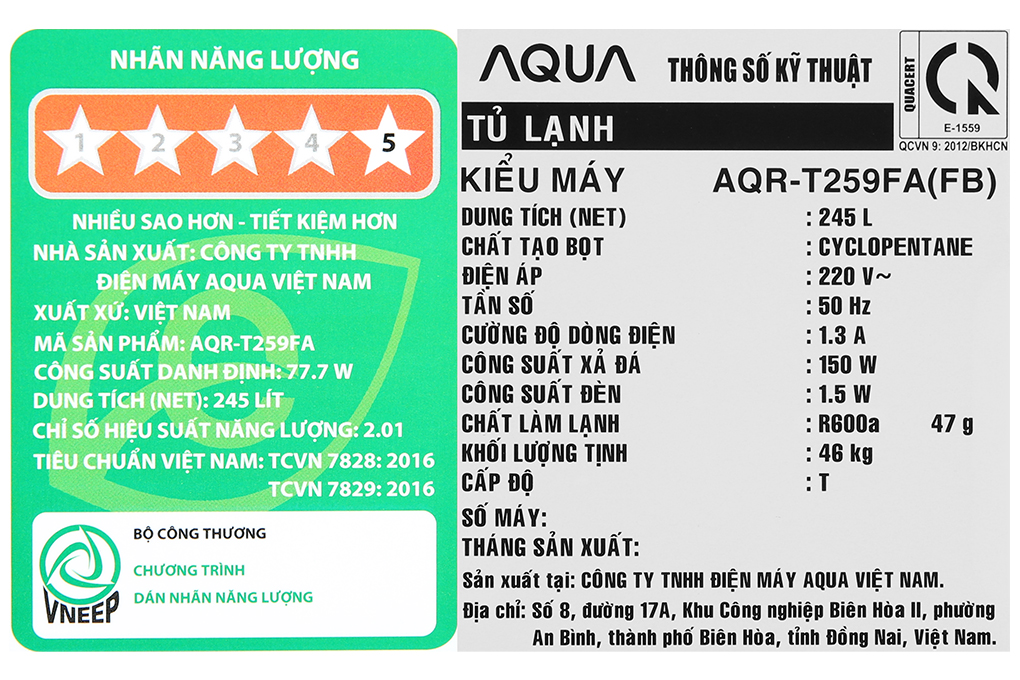 Tủ lạnh Aqua Inverter 245 lít AQR-T259FA(FB) Màu Đen