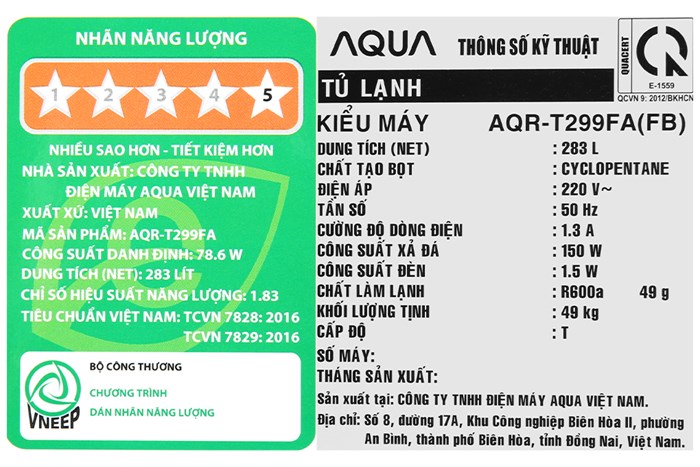 Tủ lạnh Aqua Inverter 283 lít AQR-T299FA(FB) Màu Đen