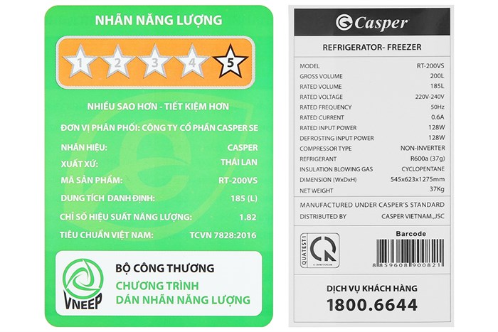 Tủ lạnh Casper 185 lít RT-200VS Màu Bạc